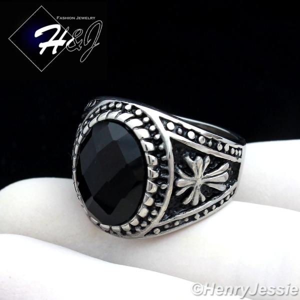 MEN's Stainless Steel Silver Black Oval Onyx Vintage Ring Size 8-13*R88