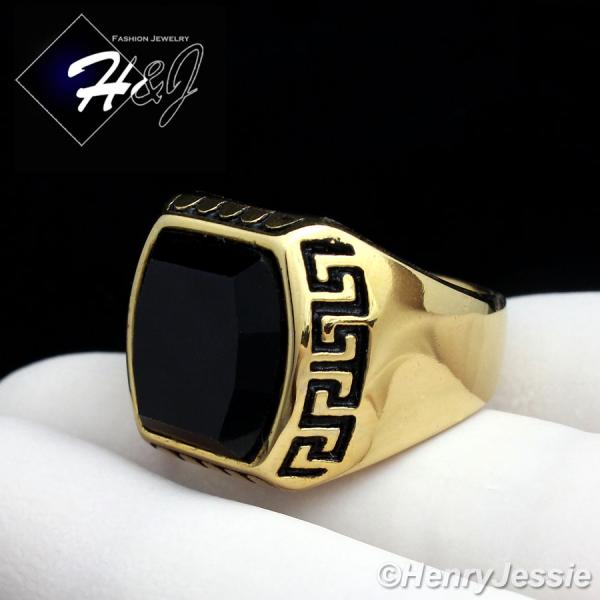 MEN's Stainless Steel Gold Black Onyx Greek Key Design Ring Size 8-13*GR93