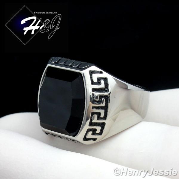 MEN's Stainless Steel Silver Black Onyx Greek Key Design Ring Size 8-12*R93