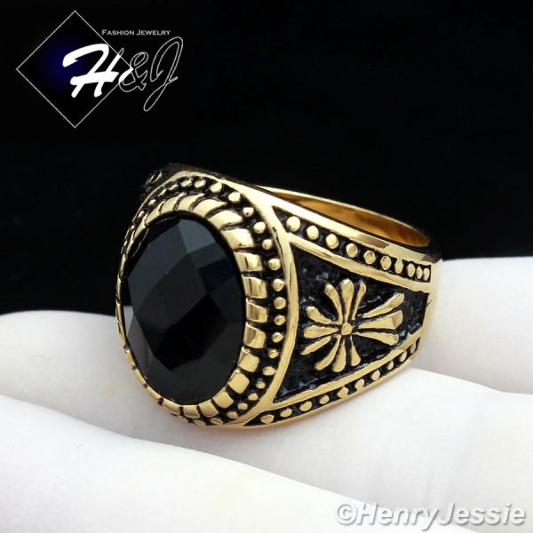 MEN's Stainless Steel Gold Black Oval Ruby Vintage Ring Size 8-13*GR88