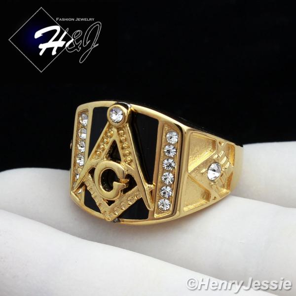 MEN's Stainless Steel Gold Black Onyx MASONIC CZ Ring Size 8-13*GR94