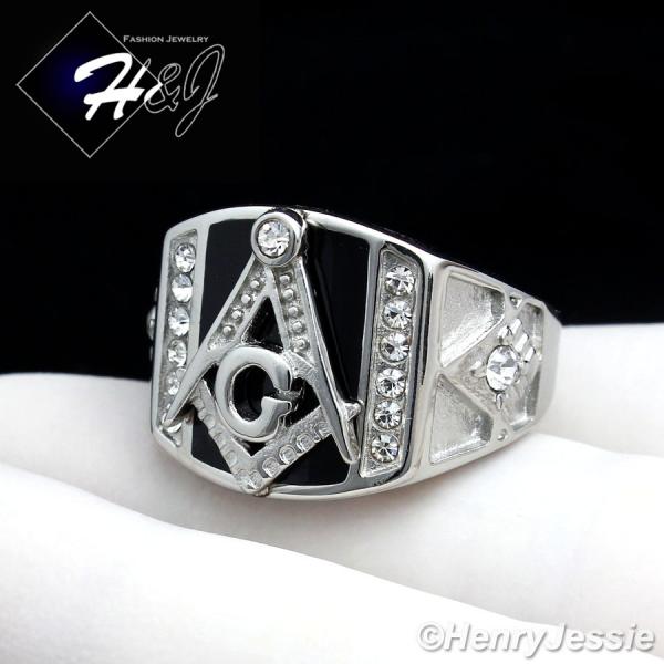 MEN's Stainless Steel Silver Black Onyx MASONIC CZ Ring Size 8-13*R94