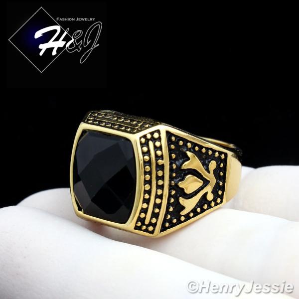 MEN's Stainless Steel Gold Black Onyx Vintage Ring Size 8-13*GR89