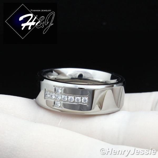 MEN Stainless Steel 8mm Silver CZ Cross Band Ring Size 8-13*R97