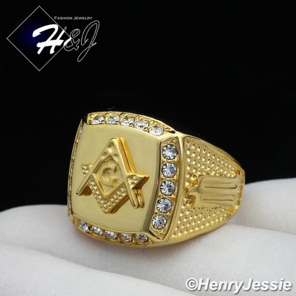 MEN's Stainless Steel CZ MASONIC Square Gold Ring Size 8-13*GR107