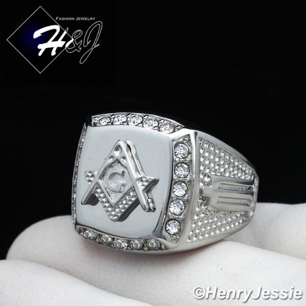 MEN's Stainless Steel Silver CZ MASONIC Square Ring Size 8-13*R107