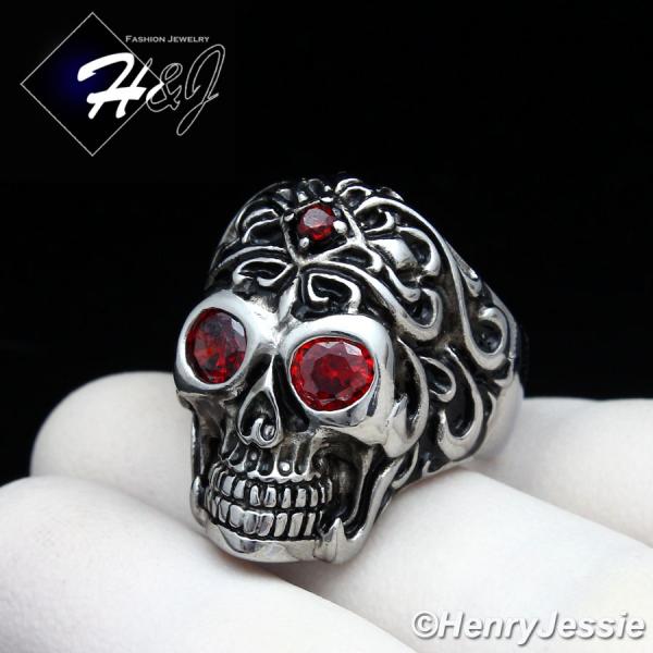 BIKER MEN Stainless Steel Red Eye/Silver Black Skull Face Ring Size 7-12*R108