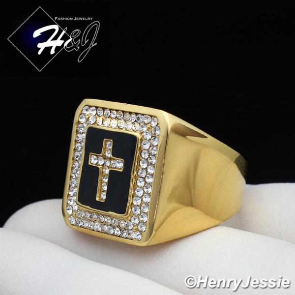 MEN Stainless Steel Black/Gold Cross ICED BLING CZ Square Ring Size 8-13*GR106