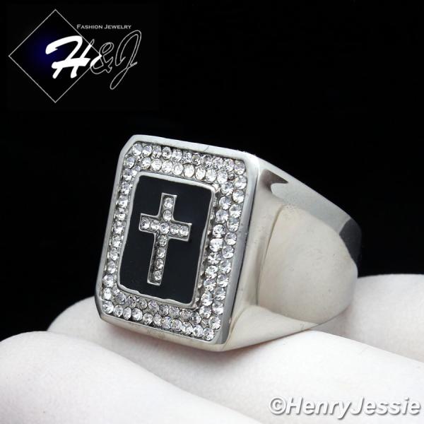 MEN Stainless Steel Black/Silver Cross ICED BLING CZ Square Ring Size 8-13*R106