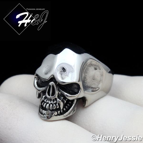 BIKER MEN's Stainless Steel Silver Black Skull Face Head Ring Size 7-12*R109