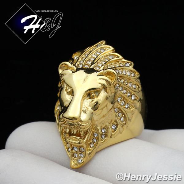 MEN's Stainless Steel ICED CZ Gold Lion King Face Ring Size 8-13*GR111