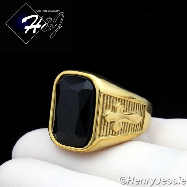 MEN's Stainless Steel Gold/Black Rectangle Onyx Cross Ring Size 8-13*GR112