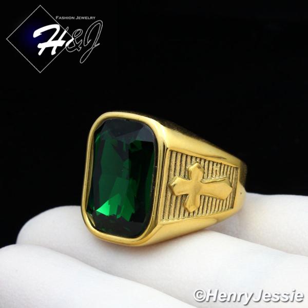 MEN's Stainless Steel Gold/Green Gemstone Rectangle Cross Ring Size 8-13*GR112