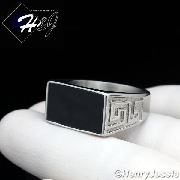 MEN's Stainless Steel Black Rectangle Onyx Greek Key Ring Size 7-12*R113