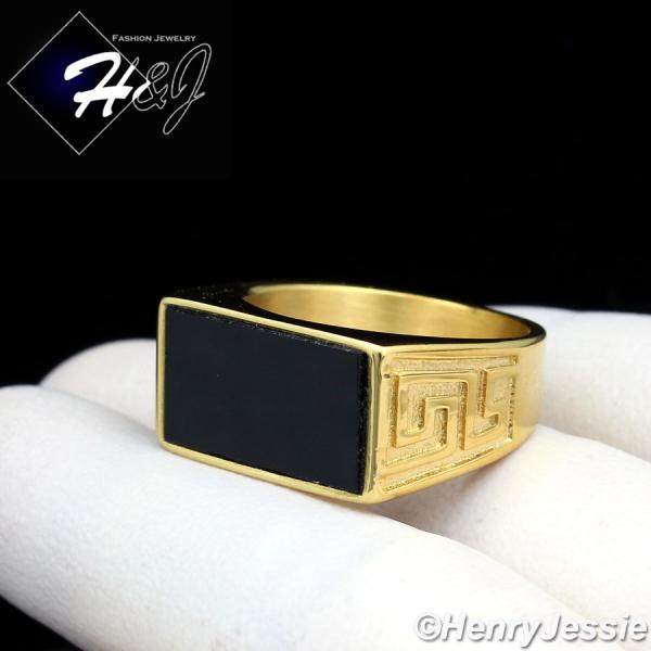 MEN's Stainless Steel Black Rectangle Onyx Gold Greek Key Ring Size 7-12*GR113