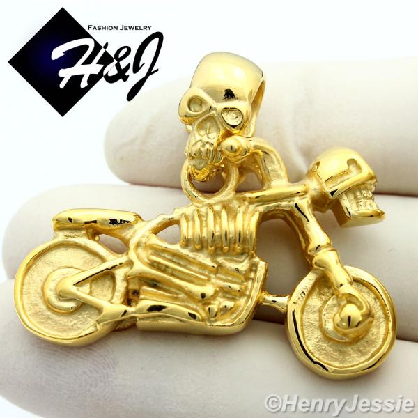 MEN's Stainless Steel Gold Skull Heads Motorcycle Charm Pendant*GP59