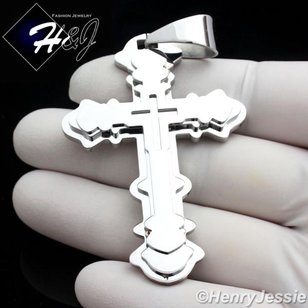 MEN Stainless Steel Silver Layover Double Cross Charm Pendant*P72
