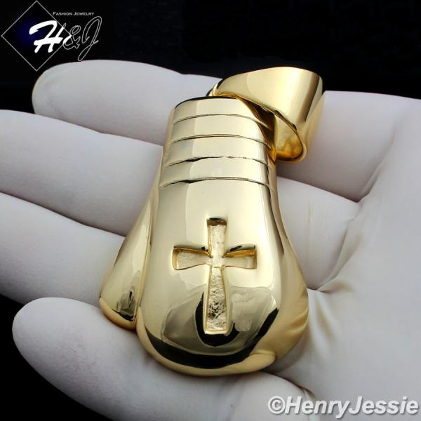 MEN Stainless Steel Gold HEAVY JUMBO 3D Boxing Glove Cross Charm Pendant*GP79