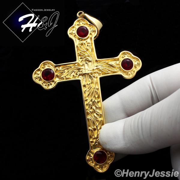 MEN WOMEN Stainless Steel OVERSIZE Gold/Ruby Antique Cross Charm Pendant*P80