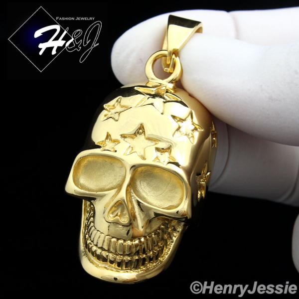BIKER MEN Stainless Steel Gold Tone Star Skull Heads Charm Pendant*GP84