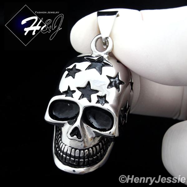 BIKER MEN Stainless Steel Silver Black Star Skull Heads Charm Pendant*P84