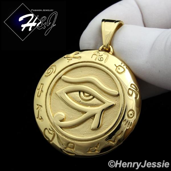 MEN's Stainless Steel HEAVY Gold Egyptian Eye of Horus Round Charm Pendant*GP92