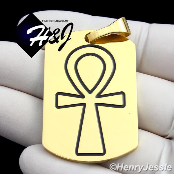 MEN's Stainless Steel Gold Black Ankh Key Cross Dog Tag Charm Pendant*GP94