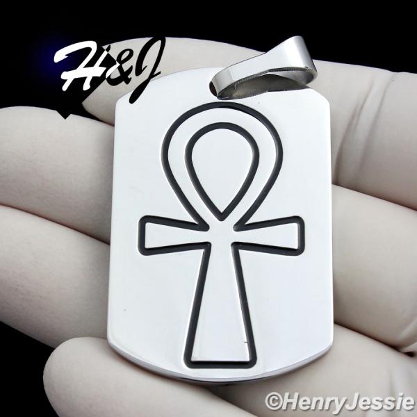 MEN's Stainless Steel Silver Black Ankh Key Cross Dog Tag Charm Pendant*P94