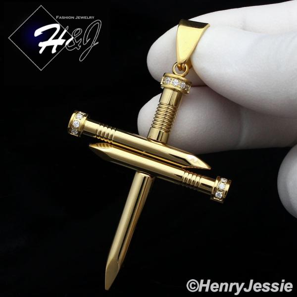 MEN's Stainless Steel CZ Stone Gold Nail Cross Charm Pendant*GP104