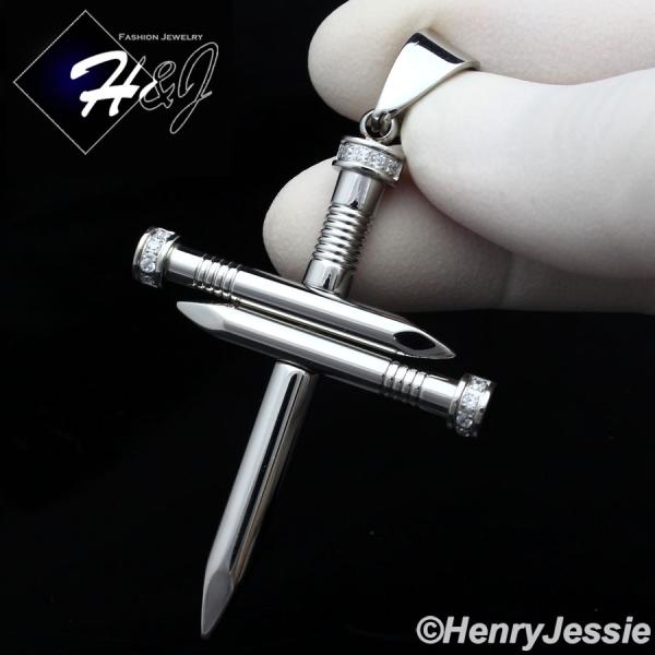 MEN's Stainless Steel Silver CZ Stone Nail Cross Charm Pendant*P104