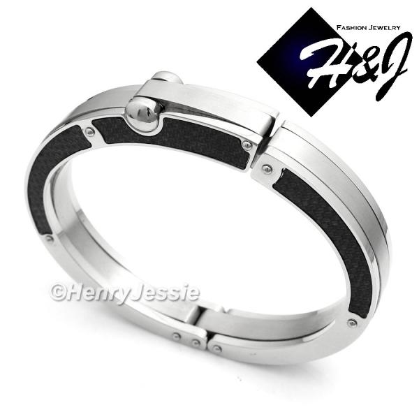 MEN Stainless Steel 11mm Silver/Black Carbon Fiber Stripe Bangle Bracelet*B67