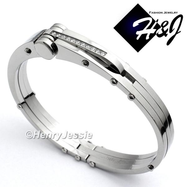 MEN's Stainless Steel 0.33 Carat Pave CZ Silver Bangle/Handcuff Bracelet*B12