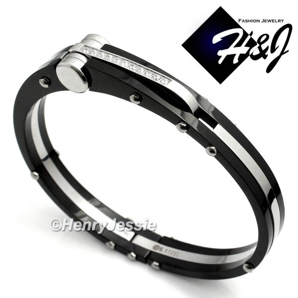 MEN Stainless Steel 0.33 Carat Pave CZ Black/Silver Bangle/Handcuff Bracelet*BB12