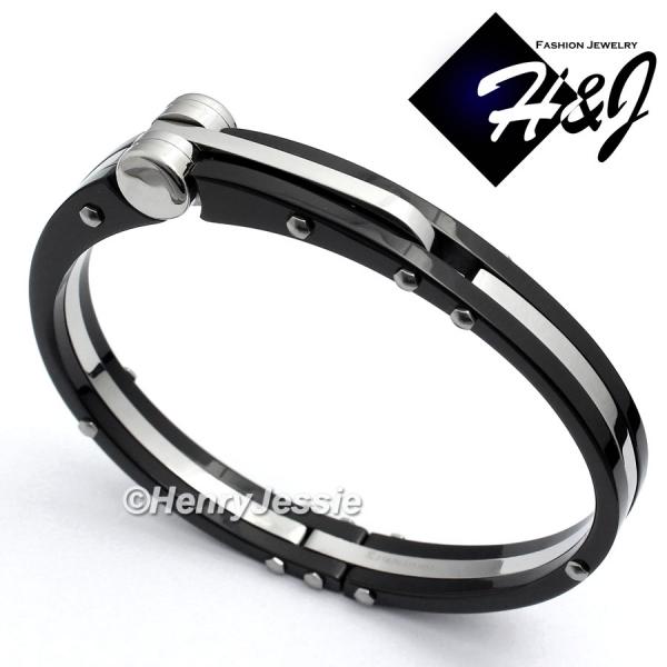 MEN's Stainless Steel Silver/Black Simple Plain Bangle/Handcuff Bracelet*BB13