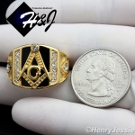 MEN's Stainless Steel Gold Black Onyx MASONIC CZ Ring Size 8-13*GR94