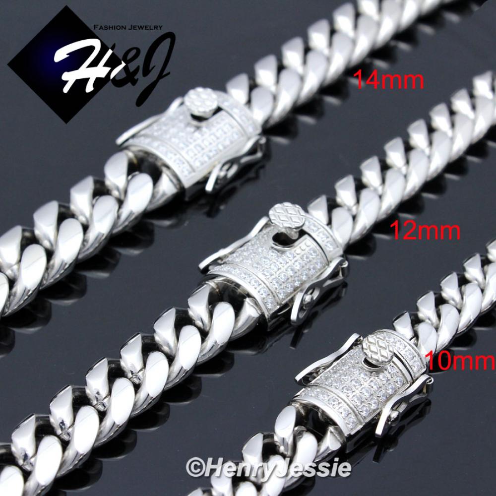 7.5"-40"MEN Stainless Steel 10mm/12mm/14mm Silver Diamond Miami Cuban Curb Chain Bracelet Necklace*N158