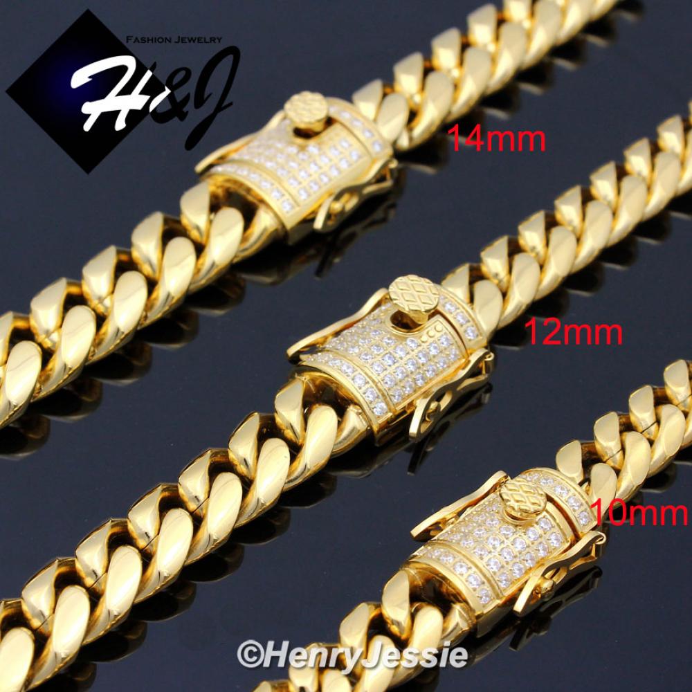 7.5"-40"MEN Stainless Steel 10mm/12mm/14mm Gold Diamond Miami Cuban Curb Chain Bracelet Necklace*GN158