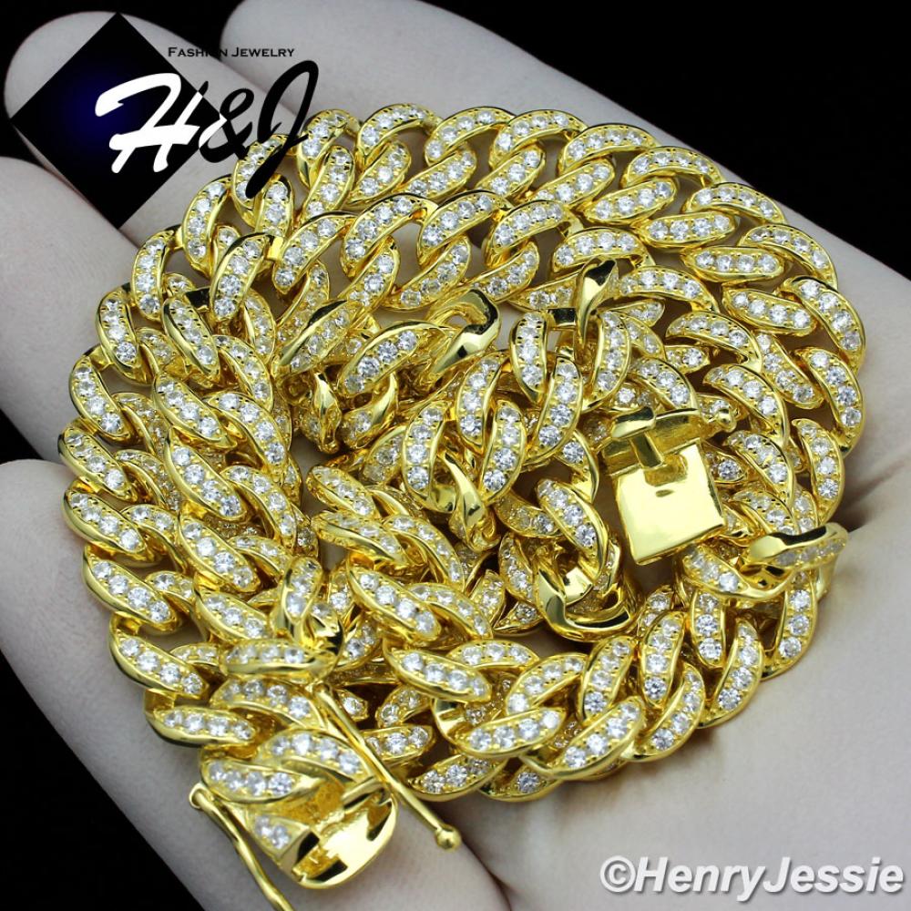18-30"MEN 925 STERLING SILVER 8MM ICED BLING LAB DIAMOND GOLD MIAMI CUBAN CURB LINK CHAIN NECKLACE*GN11