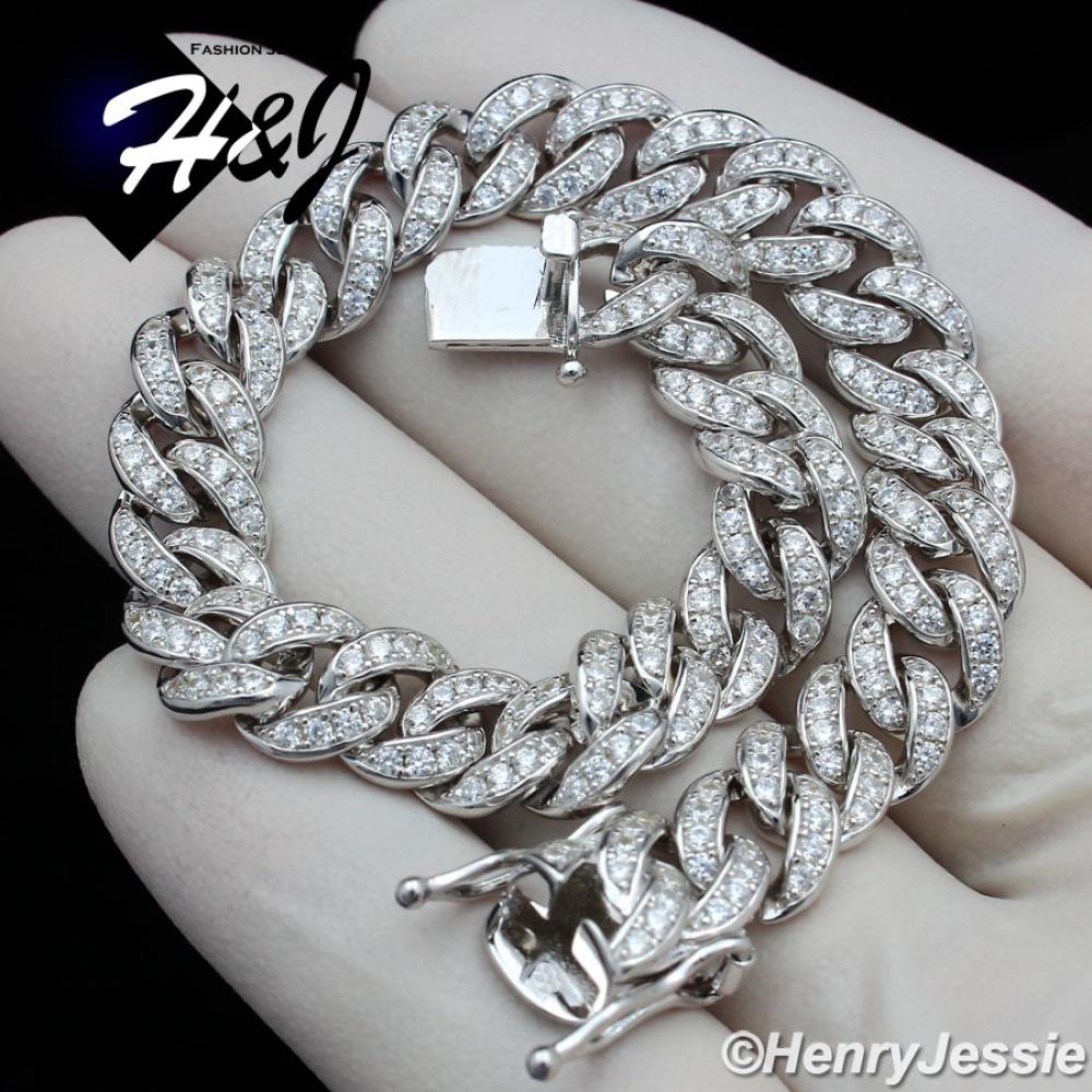 8.5"MEN 925 STERLING SILVER 8MM ICED BLING LAB DIAMOND MIAMI CUBAN CURB LINK CHAIN NECKLACE*SB11