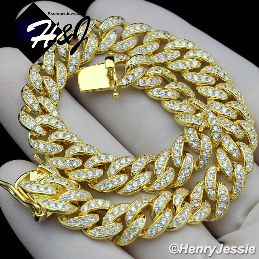 8.5"MEN 925 STERLING SILVER 8MM ICED BLING LAB DIAMOND GOLD MIAMI CUBAN CURB LINK CHAIN NECKLACE*GB11