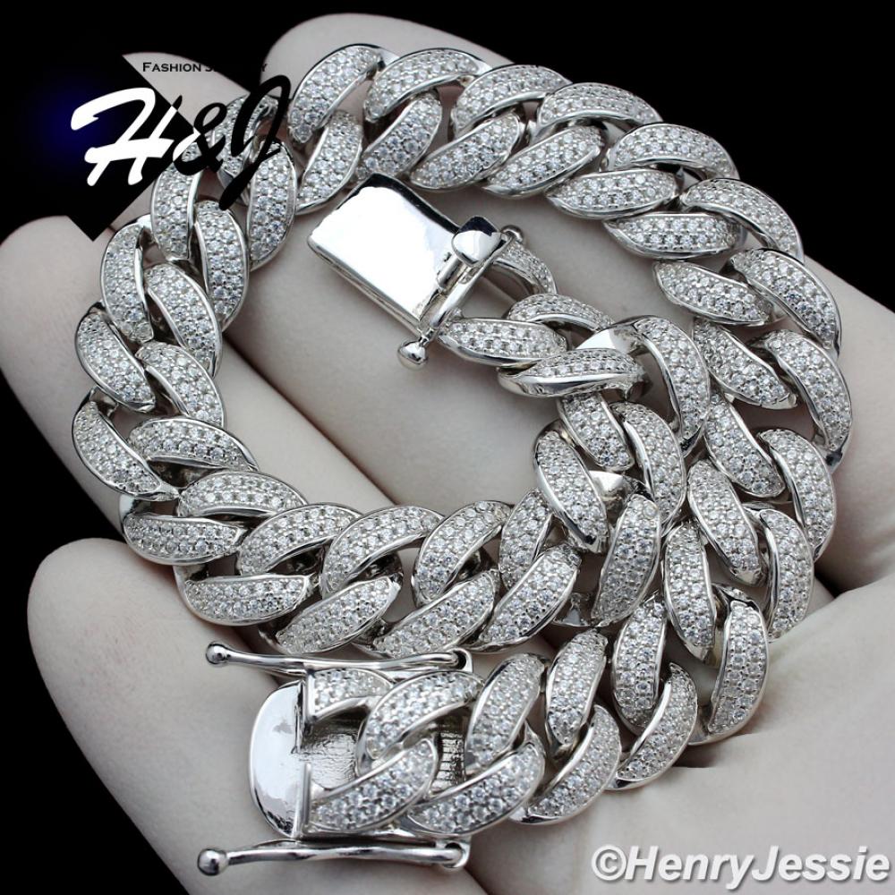 8.5"MEN 925 STERLING SILVER 12MM ICED BLING LAB DIAMOND MIAMI CUBAN CURB LINK CHAIN NECKLACE*SB12
