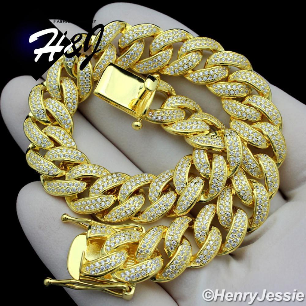8.5"MEN 925 STERLING SILVER 8MM ICED BLING LAB DIAMOND GOLD MIAMI CUBAN CURB LINK CHAIN NECKLACE*GB12