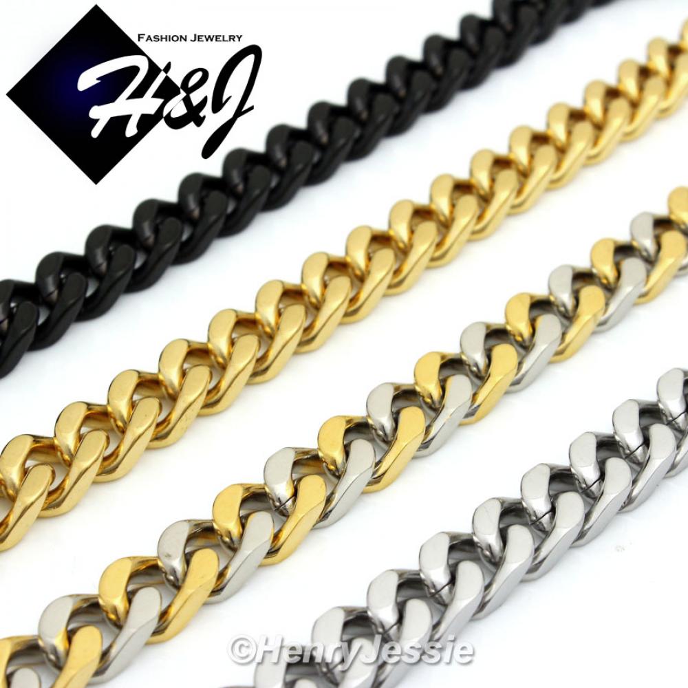 7.5" -40"MEN Stainless Steel WIDE 9x4mm Gold/Silver/Black Cuban Curb Chain Bracelet Necklace