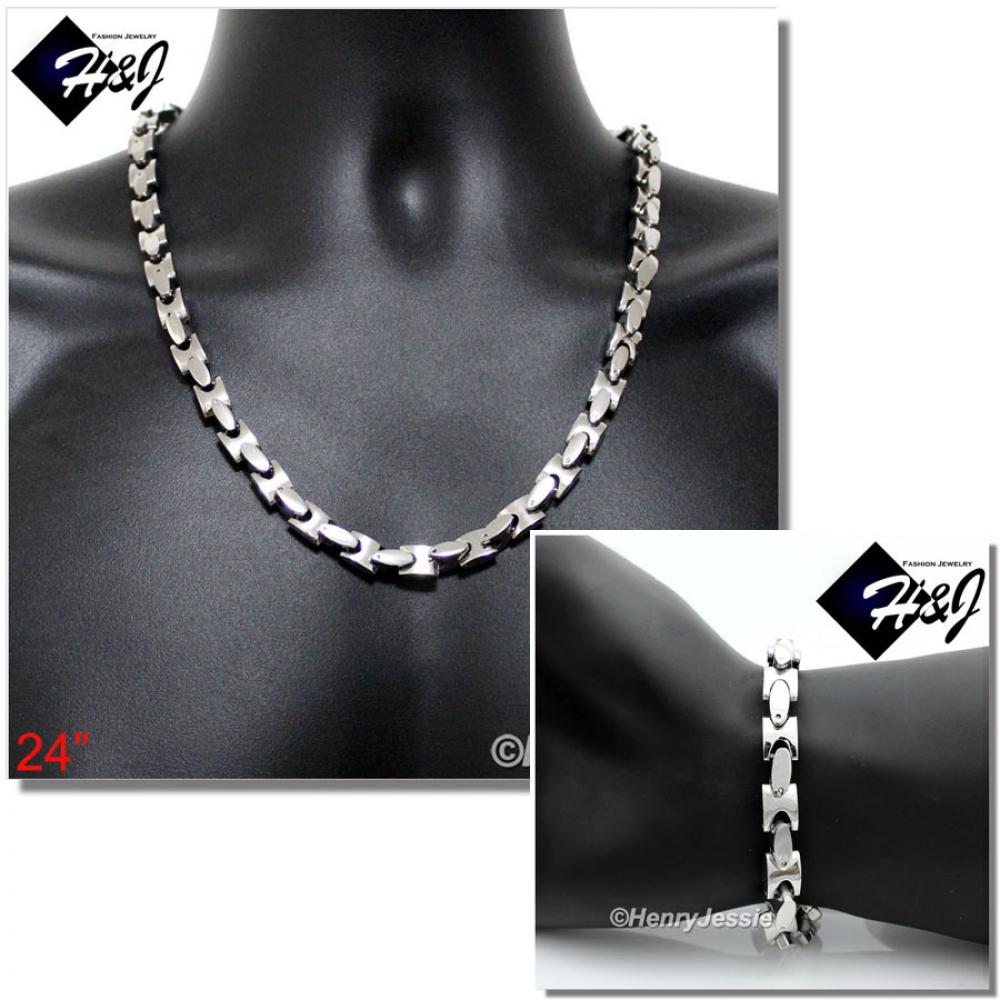 24"MEN Stainless Steel HEAVY 8mm Silver Interlock Bones Chain Necklace Bracelet SETS