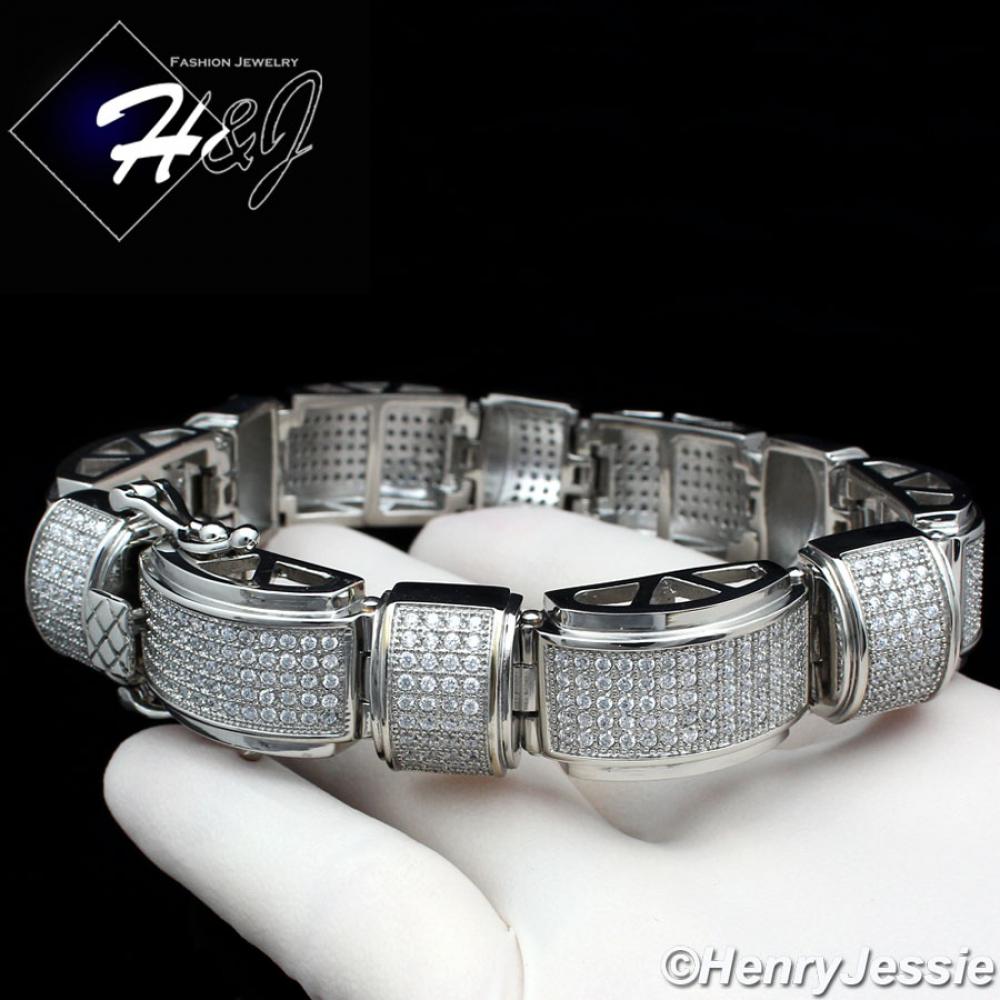 9.5"MEN 316L STAINLESS STEEL LAB DIAMOND ICED BLING WIDE SILVER BRACELET*IB4