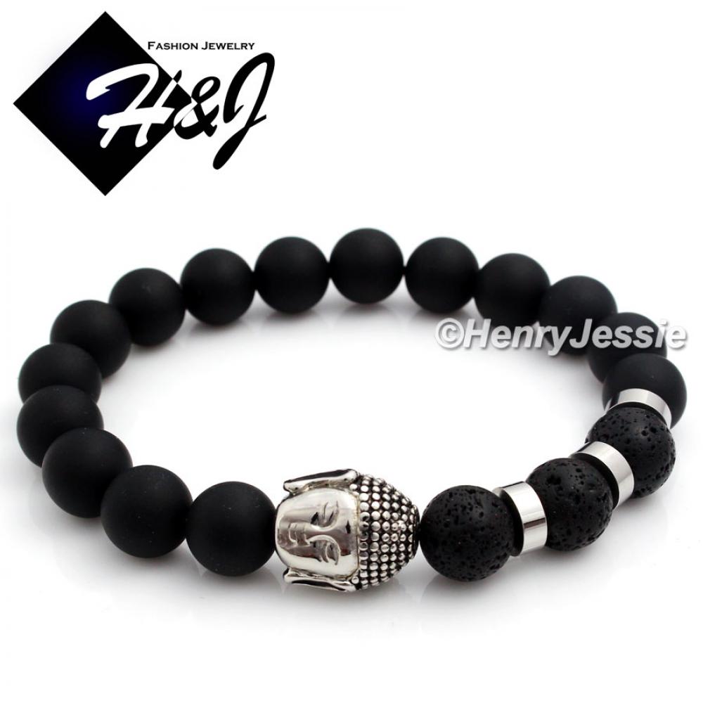 MEN Stainless Steel 10mm Brush Black Onyx Bead Buddha Head Stretchy Bracelet*SB6