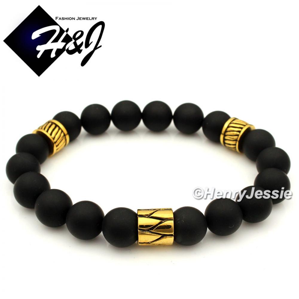 MEN Stainless Steel 10mm Brush Black Onyx Beads Gold Beads Stretchy Bracelet*GB7