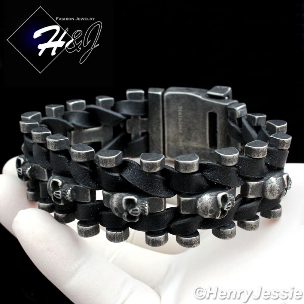 9"BIKER MEN Stainless Steel WIDE 25mm Gray Skull Heads Black Leather Bracelet