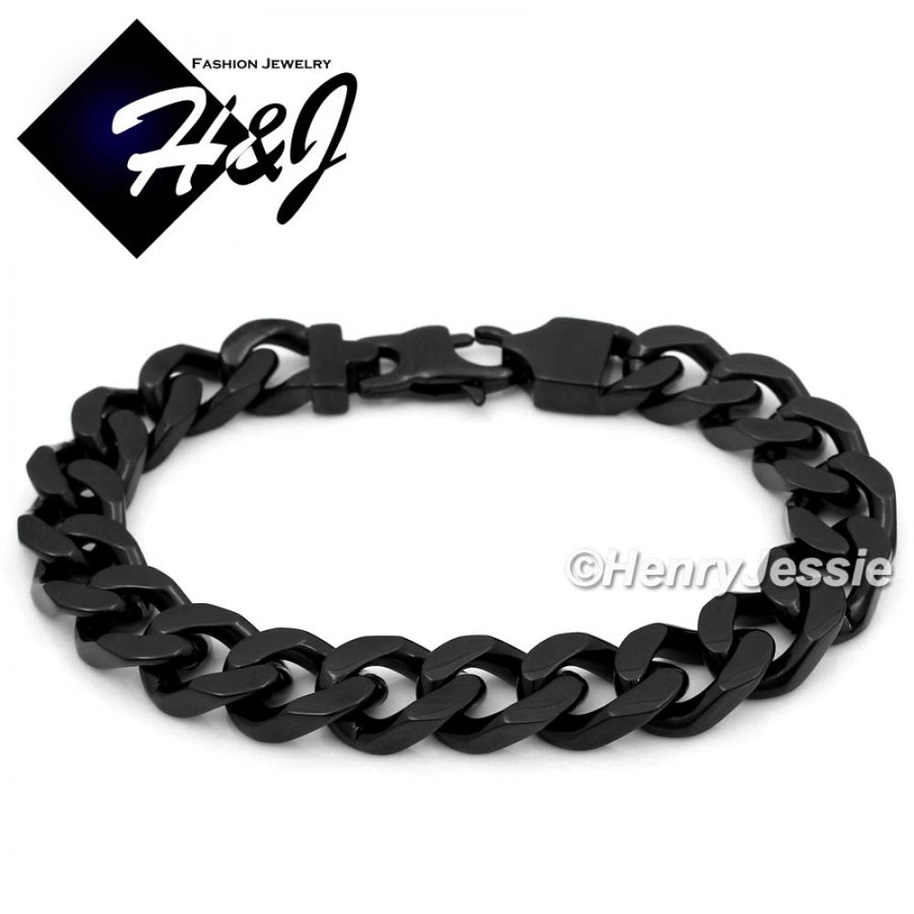 8.5"MEN's Stainless Steel HEAVY WIDE 11x5mm Black Cuban Curb Chain Bracelet