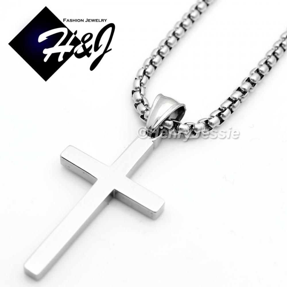18-36"MEN Stainless Steel 3mm Silver Smooth Box Chain Necklace Plain Simple Cross Pendant*SP